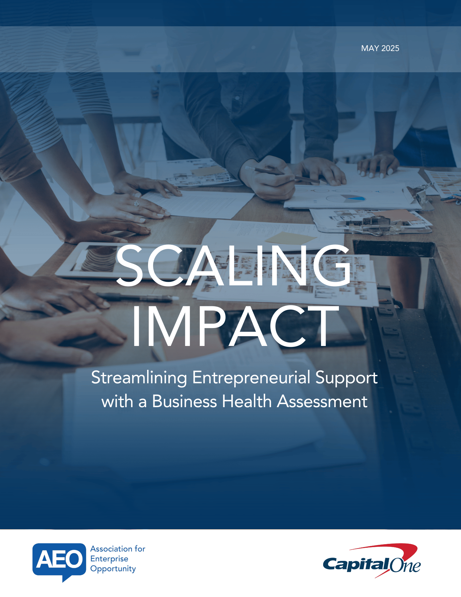 Image of report cover with the report title, AEO and Capital One logos, and an image showing people around a table reviewing reports together; only their hands are visible.